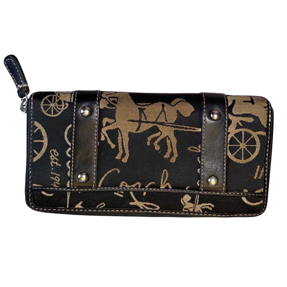 Coach Black Gold Horse and Carriage Script Canvas Zip Around Long Wallet Buckle - Picture 2 of 9
